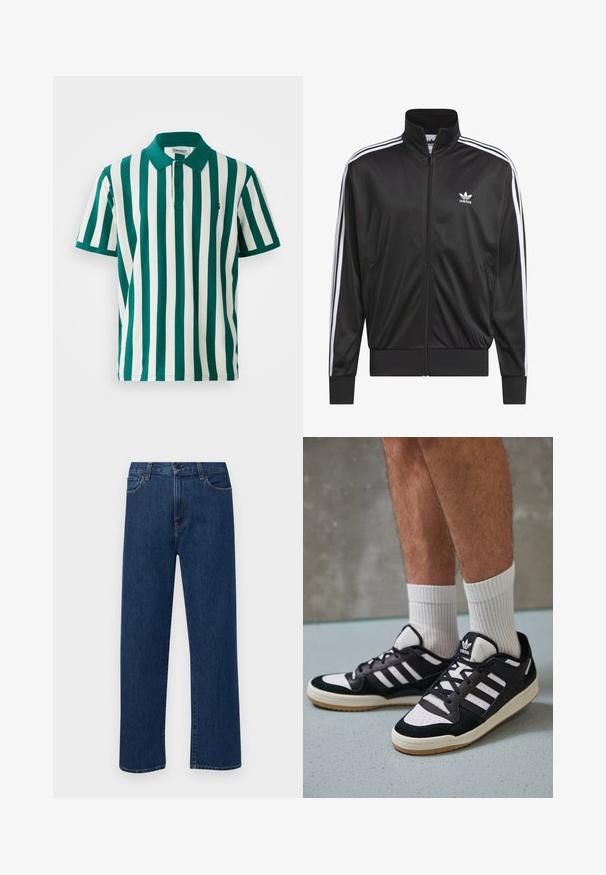 Jaqueta preta em poliéster com fecho, gola alta, design de três riscas brancas nas mangas e pequeno logótipo Adidas branco no lado esquerdo do peito.; Camisa polo riscada em verde e branco, com colarinho, mangas curtas e um pequeno logotipo no peito; confeccionada em tecido misto de algodão.; Jeans de denim azul escuro, de perna reta, com bolsos frontais e fecho de botão, exibidos sobre um fundo branco liso.; Ténis em preto e branco com upper em camurça e couro, apresentando três riscas brancas, um toe perfurado e uma sola em borracha de goma.