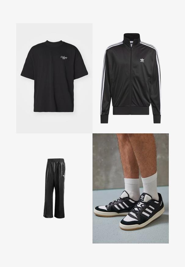 Svart polyester zip-up jakke med høy krage, hvit tre-stripesdesign langs ermene, og liten hvit Adidas-logo på venstre bryst.; Svart t-skjorte med korte ermer laget av bomull. Har en rund hals og en liten hvit logo på venstre bryst. Standard passform.; Sorte syntetiske treningsbukser med elastisk midje, som har hvite sidestreker og en liten hvit logo på venstre hofte.; Sorte og hvite sneakers med overdel i semsket skinn og lær, med tre hvite striper, perforert tå og en såle av gummi.