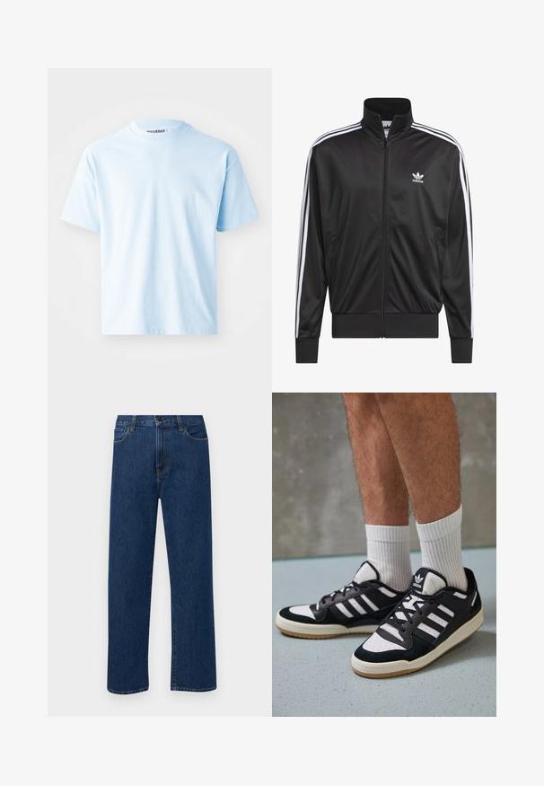Fekete poliészter zipzáros dzseki magas gallérral, fehér háromsávos mintázattal az ujjak mentén, és kisméretű fehér Adidas logóval a bal mellrészen.; Világoskék pamut póló rövid ujjakkal, kerek nyakkivágással és minimális varrásokkal. A "WEEKDAY" felirat jól látható a nyakrészen.; Sötétkék, egyenes szárú farmernadrág, elülső zsebekkel és gombos záródással, sima fehér háttéren bemutatva.; Fekete-fehér tornacipők velúr és bőr felsőrésszel, három fehér csíkkal, perforált orral és gumi talppal.