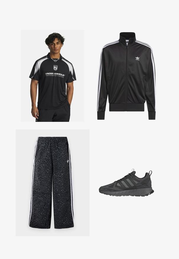 Melnas poliestera zip-up jaka ar augstu apkakli, baltu triju svītru dizainu gar piedurknēm un mazliet baltu Adidas logo kreisajā krūtī.; Melnās sporta polo krekls ar īsām piedurknēm, baltajām akcentiem un izšūtu logo. Izgatavots no elpojoša materiāla, ideāli piemērots aktīvā apģērba valkāšanai.; adidas Originals GRAPHIC UNISEX - Treniņtērpa apakšdaļas - black; Melni sporta apavi ar acs auduma un zamšādas virspusi, teksturētu gumijas zoli, mīkstu apkakli un izteiksmīgu trīsošu dizainu pelēkā krāsā.