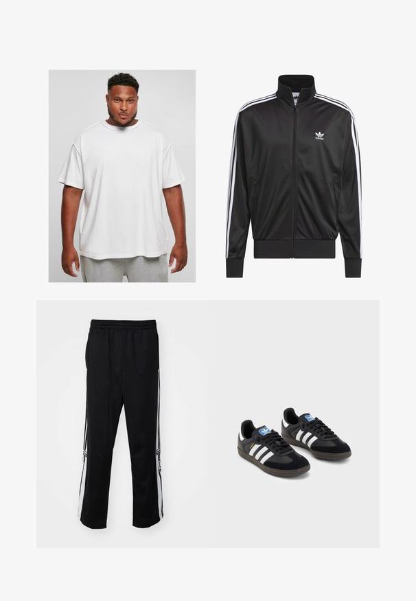 Melnas poliestera zip-up jaka ar augstu apkakli, baltu triju svītru dizainu gar piedurknēm un mazliet baltu Adidas logo kreisajā krūtī.; Balta pāraksta kokvilnas t-kreklis ar īsām piedurknēm un apaļu kakla izgriezumu, ar gludu tekstūru un brīvu piegriezumu, valkāts kopā ar pelēkiem šortiem.; Melnas sporta bikses, kas izgatavotas no gludas auduma, ar baltām sānu svītrām un elastīgu jostasvietu komfortam. Nav ievērojamu detaļu vai rakstu.; Melnas sporta apavas ar zamšādas un sintētisku augšdaļu, ar trim baltām svītrām, teksturētu gumijas zoli un zilu logo birku uz mēles.