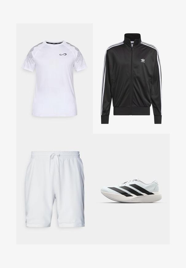Black polyester zip-up jacket with high collar, white three-stripe design along sleeves, and small white Adidas logo on left chest.; Endless FEISTY HEXAGON - Print T-shirt - white; White athletic shorts with an elastic waistband and adjustable drawstring. Smooth fabric with a subtle texture, featuring side pockets.; Lightweight running shoes in pale blue with black stripes. Features a smooth upper, round toe, and thick white midsole labeled "LIGHTSTRIKE PRO."