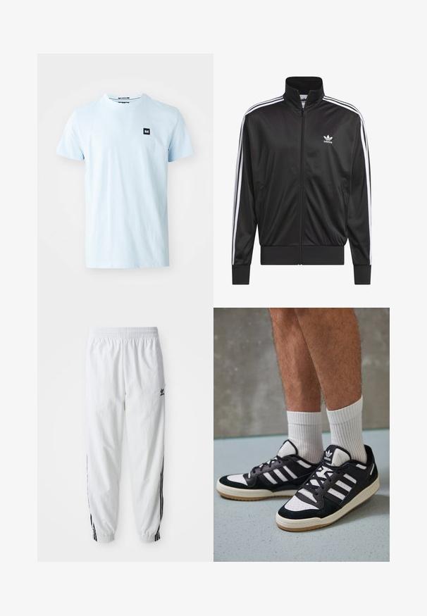 Mustad polüestrist tõmbluku jack, millel on kõrge krae, valge kolmest triibust koosnev disain varrukatel ja väike valge Adidas'i logo vasakul rinnal.; Hele sinine puuvillane T-särk, millel on ümar kaelus ja lühikesed varrukad. Esipoolt kaunistab väike must ruudukujuline logo vasakul rinnapiiril.; Valged sportlikud püksid mustade küljeribadega, elastne vöökoht ja sääreotsad; vasakul reiel Adidas logo. Sile kangatekstuur.; Mustvalged ja valged spordijalatsid, mille pealmine osa on valmistatud suede'ist ja nahast. Kingadel on kolm valget riba, auguline varvas ja kummist tald.