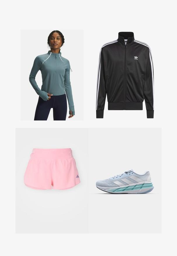 Musta polyesteristä valmistettu vetoketjullinen takki, jossa on korkea kaulus, valkoiset kolme raitaa hihoissa ja pieni valkoinen Adidas-logo vasemmassa rinnassa.; Teal urheilu paita, jossa on puoli-vetoketju, kaulus ja pitkät hihat. Tekstuuriset hihansuut ja heijastavat yksityiskohdat parantavat näkyvyyttä ja tyyliä.; adidas Performance ADIZERO GEL - Urheilushortsit - semi pink spark; Vaaleansiniset urheilukengät, joissa on teksturoitu neulepinta, valkoiset yksityiskohdat ja läpinäkyvä vihreä välipohja. Pyöreä kärki ja pehmustettu nilkka.