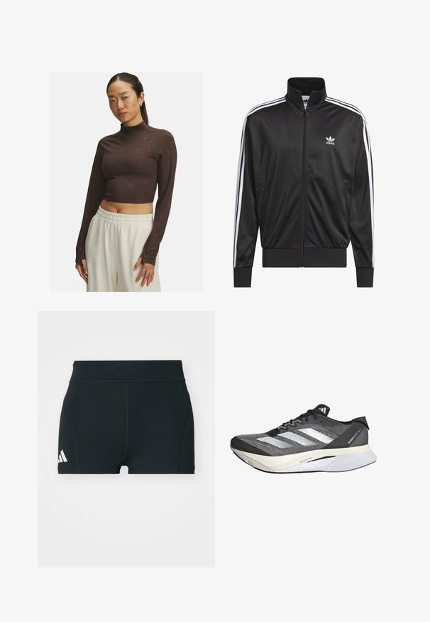 Black polyester zip-up jacket with high collar, white three-stripe design along sleeves, and small white Adidas logo on left chest.; Brown cropped long-sleeve top with a mock neck, made of smooth fabric, featuring a fitted design and subtle stitching details. White elastic-waist pants.; Black athletic shorts made of stretchy fabric, featuring a high waistband, fitted shape, and white Adidas logo on the left side.; Black and white athletic shoe with a mesh upper, features three white stripes, a prominent sole labeled "LIGHTSTRIKE PRO," and a streamlined design.