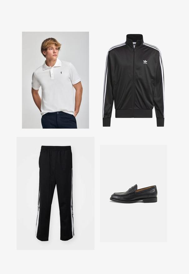 Zwarte polyester zip-up jas met hoge kraag, witte drie-strepen ontwerp langs de mouwen en klein wit Adidas-logo op de linkerbovenborst.; Witte polo shirt van katoen, met een klassieke kraag, drie knopen bij de hals en een klein zwart logo op de borst.; Zwarte sportieve broek van gladde stof, met witte zijstrepen en een elastische tailleband voor comfort. Geen opvallende details of patronen.; Zwarte leren loafers met een gladde afwerking, ronde neus en decoratieve stiksels op de wreef. Lage gestapelde hak en een lichte glans.