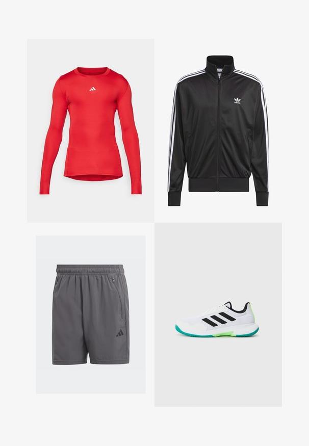 Black polyester zip-up jacket with high collar, white three-stripe design along sleeves, and small white Adidas logo on left chest.; Red long-sleeve athletic shirt made of smooth, stretchy fabric; fitted design; features a small white logo near the neckline.; Gray athletic shorts with an elastic waistband, side zipper pockets, and a black logo accent. Lightweight, smooth texture, and knee-length.; White athletic shoe with mesh upper, black stripes, and green accents. Features a textured sole and padded collar for support.