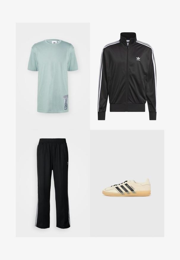 Jaqueta preta em poliéster com fecho, gola alta, design de três riscas brancas nas mangas e pequeno logótipo Adidas branco no lado esquerdo do peito.; T-shirt de algodão verde-menta com mangas curtas, decote redondo e um rótulo lateral com detalhes gráficos e riscas verticais.; Calças atléticas pretas com um cós elástico, apresentando riscas brancas laterais e um pequeno logótipo. O material parece macio e leve.; Sapatilhas de creme claro com design de três riscas pretas, parte superior texturizada, bico redondo e sola de borracha. Apresenta atacadores e uma marca na lateral.