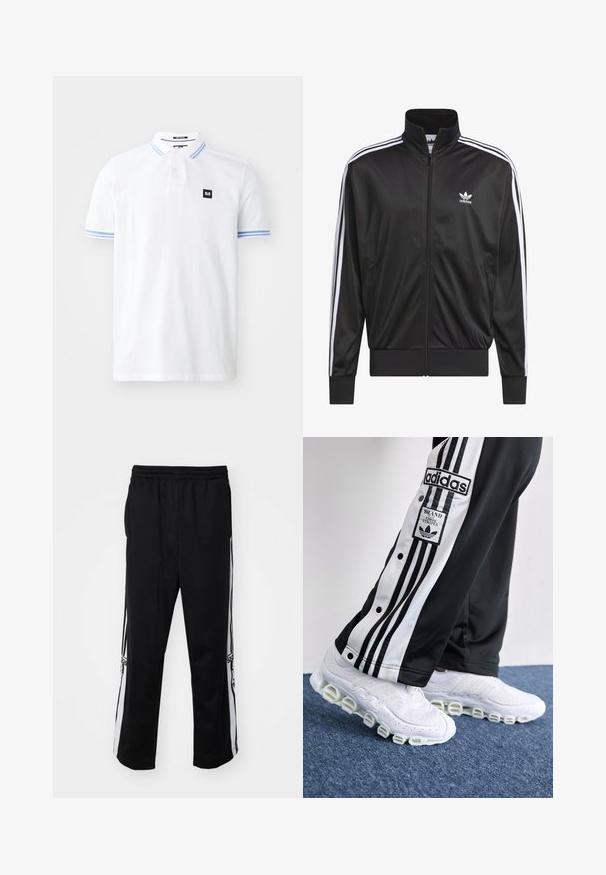 Svart polyester zip-up jakke med høy krage, hvit tre-stripesdesign langs ermene, og liten hvit Adidas-logo på venstre bryst.; Hvit polo skjorte laget av bomull, med en tre-knapp placket, blå stripete detaljer på ermene, og et lite svart logo-merke.; Svart treningbukser laget av glatt stoff, med hvite sidestriper og elastisk midje for komfort. Ingen bemerkelsesverdige detaljer eller mønstre.; Adidas joggebukser i svart og hvitt med tre striper og trykknapper, sammen med hvite joggesko med tykk, rørformet såle.