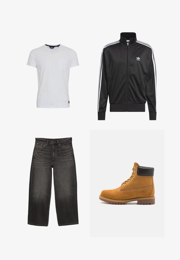 Zwarte polyester zip-up jas met hoge kraag, witte drie-strepen ontwerp langs de mouwen en klein wit Adidas-logo op de linkerbovenborst.; Witte katoenen T-shirt met korte mouwen, een ronde halslijn en een linker borstzak. Heeft een label aan de onderkant links. Glad van textuur.; Zwarte denim jeans met wijde pijpen, voorzakken, riemlussen en knoopsluiting, met subtiele vervaging en wassing.; Tan suède enkelboot met zwart gevoerd kraagje, gouden metalen oogjes, witte stikdetails en een robuuste rubberen zool met uitgesproken profiel.