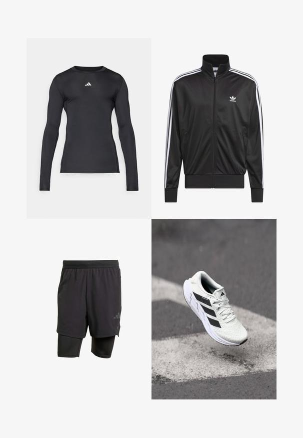 Zwarte polyester zip-up jas met hoge kraag, witte drie-strepen ontwerp langs de mouwen en klein wit Adidas-logo op de linkerbovenborst.; Zwart langmouw sportshirt gemaakt van gladde, rekbare stof. Heeft een ronde halslijn en een subtiele witte logo op de borst.; Zwarte sportshorts met geïntegreerde binnenlaag, gemaakt van ademend materiaal. Bevat een subtiele logo en gestructureerde textuur. Verstelbare tailleband.; Witte sportschoen met een textuur van mesh, zwarte strepen, vetersluiting en een gevoerde zool, zwevend boven een gemarkeerd wegoppervlak.