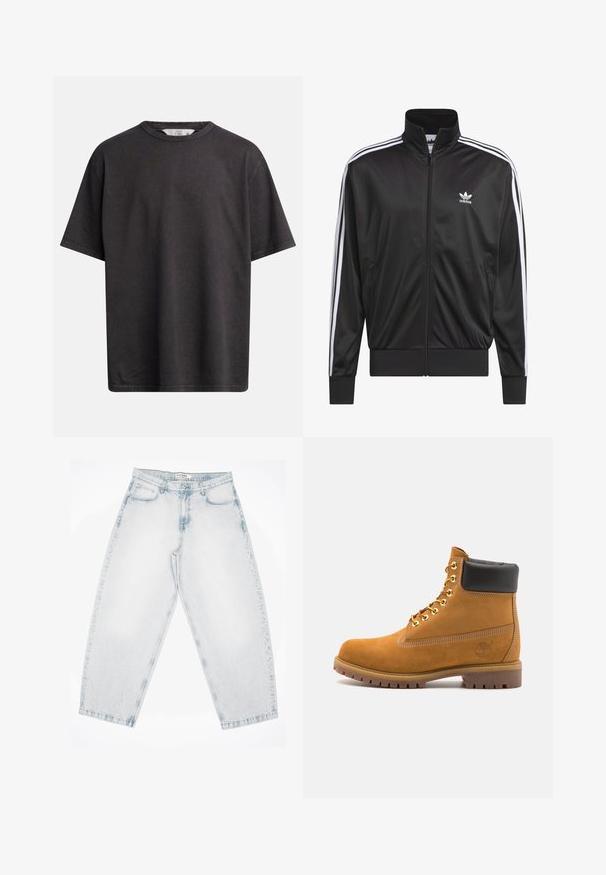 Fekete poliészter zipzáros dzseki magas gallérral, fehér háromsávos mintázattal az ujjak mentén, és kisméretű fehér Adidas logóval a bal mellrészen.; Sötétszürke pamut póló, amely kerek nyakkivágással, rövid ujjakkal és laza szabással rendelkezik, látható varrási részletekkel.; Világoskék farmernadrág laza, bő szabásban. Öt zsebbel, gombos zárással és varrott részletekkel rendelkezik. Megfakult textúra és egyenes szárak jellemzik.; Barna velúr bokacipő fekete párnázott gallérral, arany fém fűzőlyukakkal, fehér varrási részletekkel és durva gumitalppal, amelynek kifejezett barázdái vannak.