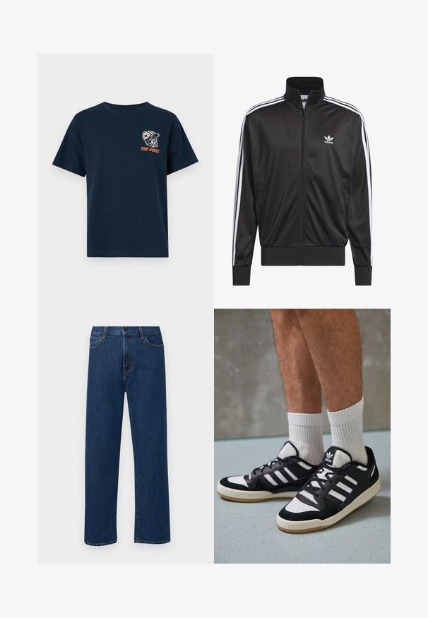 Black polyester zip-up jacket with high collar, white three-stripe design along sleeves, and small white Adidas logo on left chest.; Navy blue cotton t-shirt with a crew neckline. Features an embroidered graphic of a dog wearing a cap and the text "THE DOERS" in orange.; Dark blue straight-leg denim jeans with front pockets and a button closure, displayed on a plain white background.; Black and white sneakers with a suede and leather upper, featuring three white stripes, a perforated toe, and a gum rubber sole.