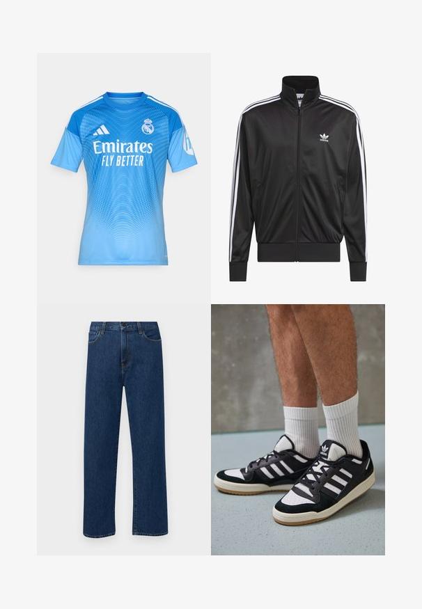 Černá polyesterová bunda na zip s vysokým límcem, bílý design tří pruhů podél rukávů a malé bílé logo Adidas na levé hrudi.; Modrý sportovní dres s krátkými rukávy, gradientní design a jemný texturovaný vzor. Obsahuje bílé logo "Emirates Fly Better" a pruhy adidas.; Tmavě modré džíny s rovnými nohavicemi, předními kapsami a zapínáním na knoflík, vystavené na jednoduchém bílém pozadí.; Černobílé tenisky s vrchní částí z semišové a kožené kůže, včetně tří bílých pruhů, perforovaného špičky a podrážky z gumy.