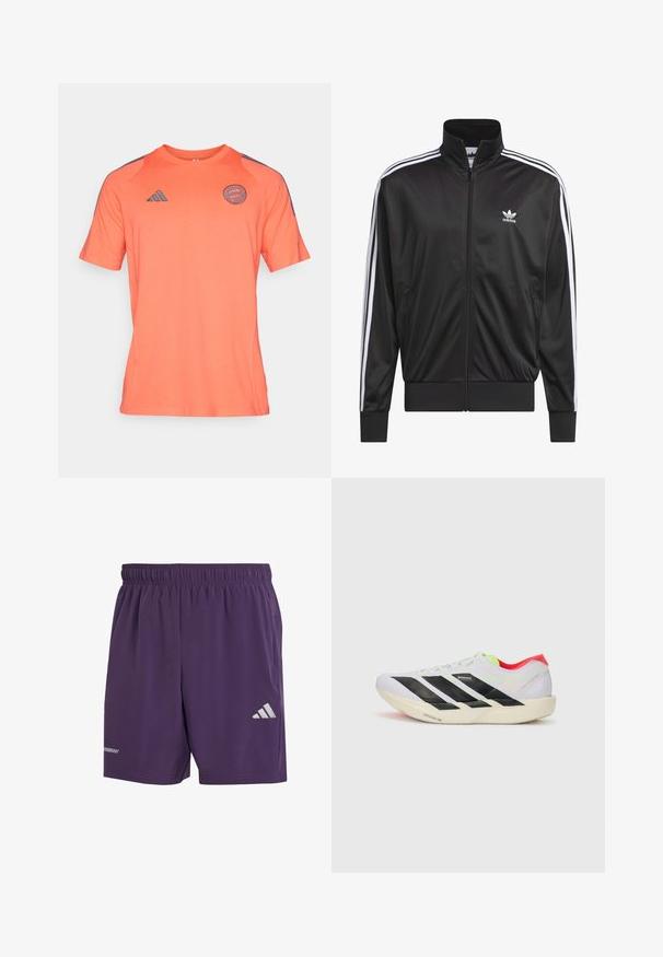 Črna poliestrska jakna s kapuco na zadrgo in visokim ovratnikom, z belim dizajnom treh črt po rokavih in majhnim belim logotipom Adidas na levem prsnem delu.; Športna majica s kratkimi rokavi v rožnato-oranžni barvi, izdelana iz mehkega materiala, s krožnim izrezom in temno sivo obrobo na ramenih ter logotipu.; Vijolične športne kratke hlače z elastičnim pasom, opremljene s srebrnim logotipom Adidas in gladkim, zračnim materialom. Ni vidnih žepov.; Bela športna obutev z črnimi črtami, neonsko zelenimi poudarki in rdečo peto. Ima lahko zasnovo in teksturiran podplat za dober oprijem.