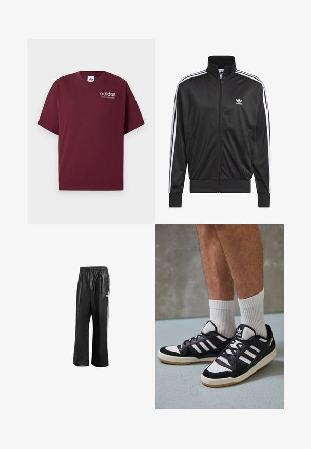 Juodas poliesterinis užtrauktukas su aukštu apykakle, baltos trijų juostelių dizainas palei rankoves ir mažas baltas Adidas logotipas kairiajame krūtinės pusėje.; Burgundijos trumpomis rankovėmis marškinėliai, pagaminti iš medvilnės. Turi apvalų kaklą ir mažą baltą "adidas" logotipą su užrašu "SPORT DESIGN STUDIO" po juo.; Juodos sintetinių medžiagų treniruočių kelnės su elastingu juosmeniu, su baltomis šoninėmis juostelėmis ir mažuoju baltu logotipu kairėje klubo pusėje.; Juodos ir baltos sportinės bateliai su zomšiniu ir odiniu viršumi, su trimis baltomis juostelėmis, perforuota koja ir guminėmis padais.