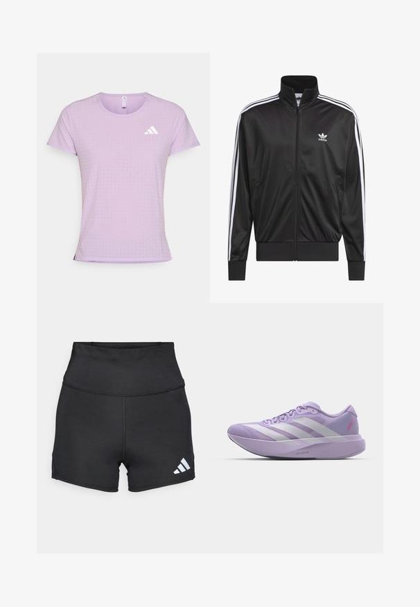 Fekete poliészter zipzáros dzseki magas gallérral, fehér háromsávos mintázattal az ujjak mentén, és kisméretű fehér Adidas logóval a bal mellrészen.; Világoslila sportpóló légáteresztő anyagból, kerek nyakkivágással, rövid ujjakkal és apró perforált részletekkel rendelkezik. Fehér logó díszíti.; adidas Performance Leggingek - black; Világoslila futócipő, hálós felsőrésszel, fehér háromcsíkos mintával, texturált felülettel és vastag habközéptalppal, amelyen "LIGHTSTRIKE PRO" felirat található.