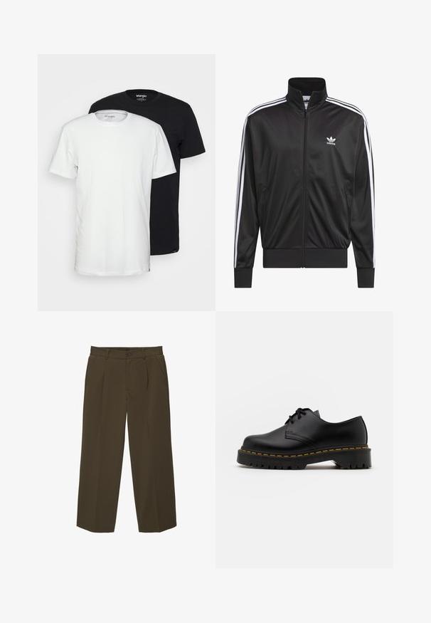 Črna poliestrska jakna s kapuco na zadrgo in visokim ovratnikom, z belim dizajnom treh črt po rokavih in majhnim belim logotipom Adidas na levem prsnem delu.; Paket dveh majic: ena bela in ena črna. Obe imata okrogel izrez in kratke rokave ter sta izdelani iz mehke bombažne tkanine.; Rjave, udobne hlače iz mehkega blaga z ravnim sprednjim delom, stranskimi žepi in gumbom za zapiranje ob pasu. Enostaven dizajn brez vzorcev.; Črne usnjene čevlje z vezalkami in zaobljenim nosom, z gumijastim podplatom in rumenim šivom okoli osnove. Ravna zasnova in gladka površina.