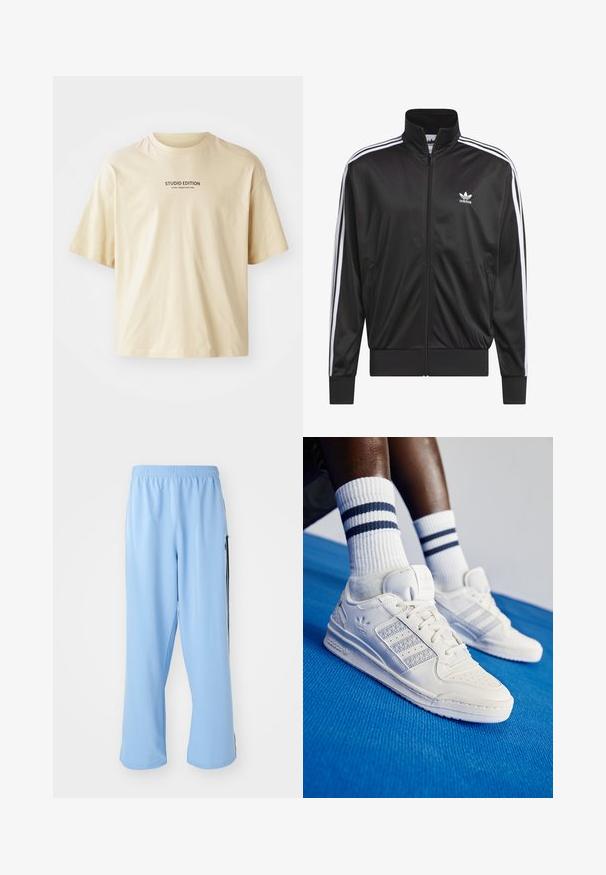 Čierna polyesterová bunda na zips s vysokým golierom, biely trojprúžkový dizajn pozdĺž rukávov a malé biele logo Adidas na ľavej hrudi.; Béžové bavlnené tričko s okrúhlym výstrihom, krátkymi rukávmi a čiernym potlačeným textom "STUDIO EDITION" na hrudi.; Svetlo modré športové nohavice vyrobené z hladkej látky, s elastickým pásom a kontrastnými čiernymi bočnými pruhmi.; Biele kožené tenisky s perforovanými akcentmi, tromi kovovými pruhmi a štruktúrovanou bočnou panelou. Nosené s bielymi ponožkami s modrými pruhmi.