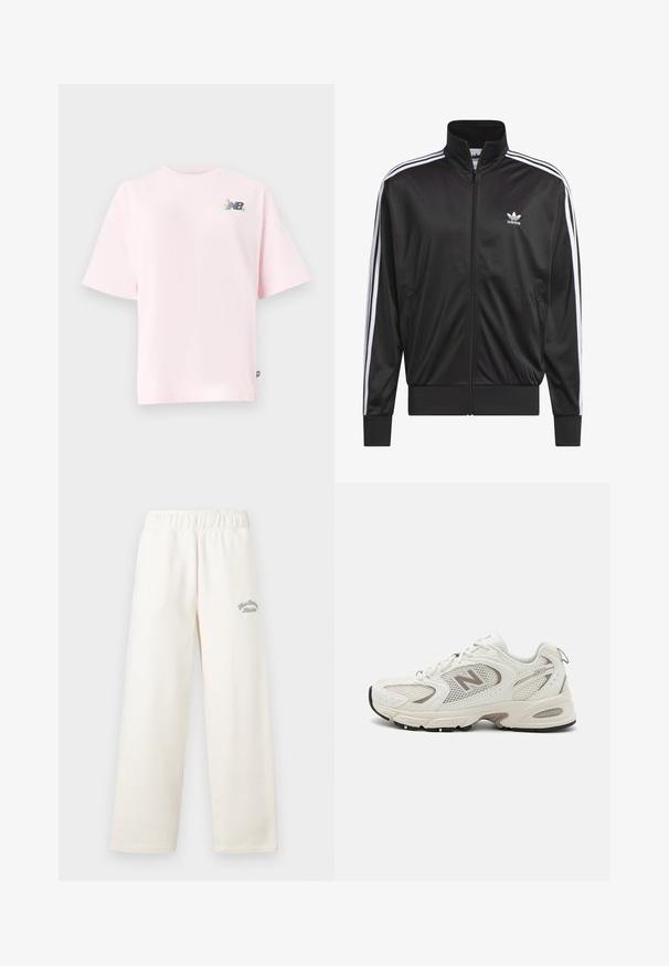 Čierna polyesterová bunda na zips s vysokým golierom, biely trojprúžkový dizajn pozdĺž rukávov a malé biele logo Adidas na ľavej hrudi.; Tričko s krátkym rukávom a okrúhlym výstrihom v svetloružovej bavlnenej farbe, so živým logom New Balance na ľavej hrudi. Bežný strih, mäkká textúra.; Krémové široké nohavice vyrobené z mäkkého materiálu s elastickým pásom. Na prednej strane majú jemný zelený vyšitý nápis.; Biele sieťované bežecké topánky so šedými akcentmi, zaoblenou špicou, viazaním, odpruženou podrážkou a významným logom "N" na boku.