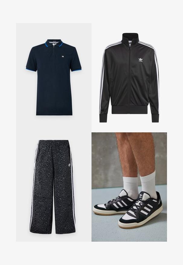 Mustad polüestrist tõmbluku jack, millel on kõrge krae, valge kolmest triibust koosnev disain varrukatel ja väike valge Adidas'i logo vasakul rinnal.; Tumedat sinise polo särk, mis on valmistatud siledast kangast, millel on tõmblukk kaelus, lühikesed varrukad siniste aktsentidega ja väike logo rinnal.; adidas Originals GRAPHIC UNISEX - Dresside alumine osa - black; Mustvalged ja valged spordijalatsid, mille pealmine osa on valmistatud suede'ist ja nahast. Kingadel on kolm valget riba, auguline varvas ja kummist tald.