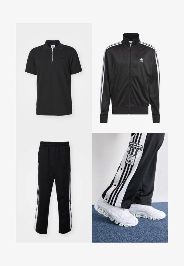 Fekete poliészter zipzáros dzseki magas gallérral, fehér háromsávos mintázattal az ujjak mentén, és kisméretű fehér Adidas logóval a bal mellrészen.; adidas Originals TREFOIL ESSENTIALS WAFFLE - Pólóing - black; Fekete sportnadrág sima anyagból, fehér oldalcsíkokkal és kényelmes gumis derékkal. Nincs figyelemre méltó részlet vagy minta.; Fekete-fehér Adidas melegítőnadrág három csíkkal és patentgombokkal, amelyet vastag, henger alakú talpú fehér sportcipővel viselnek.
