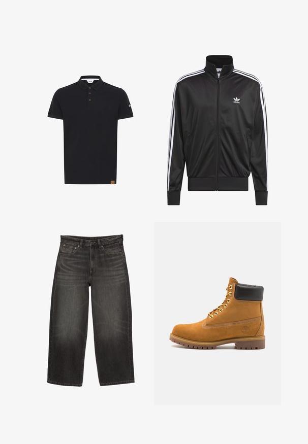 Zwarte polyester zip-up jas met hoge kraag, witte drie-strepen ontwerp langs de mouwen en klein wit Adidas-logo op de linkerbovenborst.; Zwarte polo met een effen kleur, voorzien van een klassieke kraag, een knoopsluiting met drie bruine knoppen en een getextureerde patch met logo op de mouw.; Zwarte denim jeans met wijde pijpen, voorzakken, riemlussen en knoopsluiting, met subtiele vervaging en wassing.; Tan suède enkelboot met zwart gevoerd kraagje, gouden metalen oogjes, witte stikdetails en een robuuste rubberen zool met uitgesproken profiel.