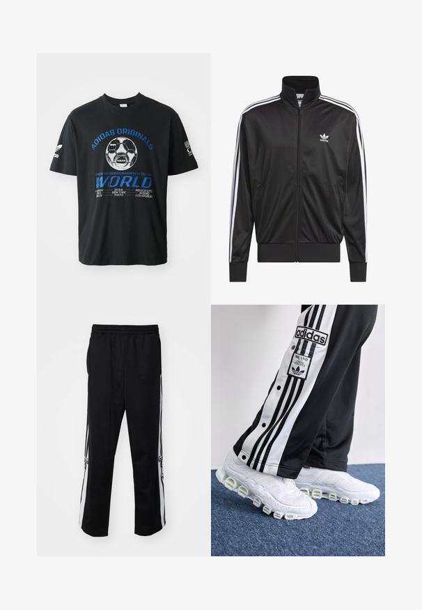 Juodas poliesterinis užtrauktukas su aukštu apykakle, baltos trijų juostelių dizainas palei rankoves ir mažas baltas Adidas logotipas kairiajame krūtinės pusėje.; Juodas medvilninis marškinėlis su mėlynu "ADIDAS ORIGINALS" tekstu ir futbolo kamuolio grafika, o po juo baltu spaudiniu išvardyti miestų pavadinimai. Trumpomis rankovėmis.; Juodos sportinės kelnės, pagamintos iš lygaus audinio, su baltais šonų dryžiais ir elastingu juosmeniu patogumui. Nėra žinomų detalių ar raštų.; Adidas sportinės kelnės juodos ir baltos spalvų su trimis juostelėmis ir spaustukais, derinamos su baltomis sportinėmis bateliais, turinčiais storą, vamzdinę padą.