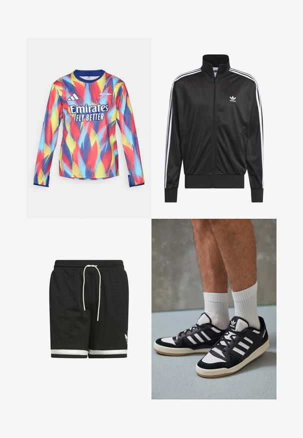 Black polyester zip-up jacket with high collar, white three-stripe design along sleeves, and small white Adidas logo on left chest.; adidas Performance ARSENAL FC 25/26 PRE-MATCH WARM TOP - Club wear - victory blue/pure ruby/bright yellow/bright cyan; Black athletic shorts made of textured mesh fabric. Features a white drawstring and white stripe along the hem. Adidas logo in white.; Black and white sneakers with a suede and leather upper, featuring three white stripes, a perforated toe, and a gum rubber sole.