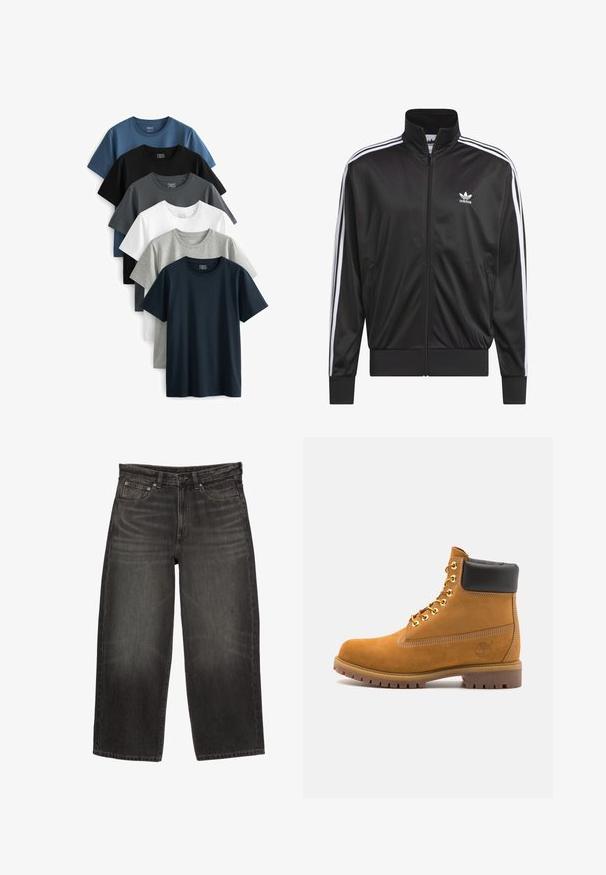 Černá polyesterová bunda na zip s vysokým límcem, bílý design tří pruhů podél rukávů a malé bílé logo Adidas na levé hrudi.; Šest triček s krátkým rukávem uložených ve stohu. Barvy zahrnují námořnickou modř, černou, zelenou, bílou, světle šedou a tmavě šedou. Materiál: bavlna.; Černé široké džíny s předními kapsami, poutky na opasek a zapínáním na knoflíček, vykazující jemné vyblednutí a škrábance.; Hnědé semišové kotníkové boty s černým polstrovaným límcem, zlatými kovovými očky, bílým prošíváním a odolnou gumovou podrážkou s výraznými drážkami.