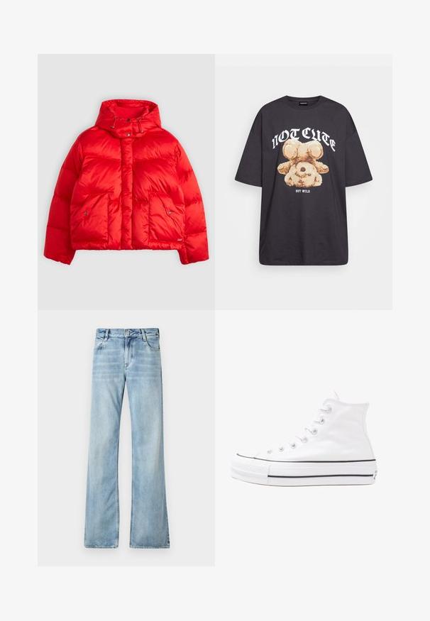 Punainen puhallettava takki, joka on valmistettu kiiltävästä nailonista. Siinä on korkea kaulus säädettävillä nyöreillä, kaksi läpivärähtävää taskua ja laatikkomainen muotoilu.; Mustat ylisuurent-paidat, joissa on karhun grafiikka ja teksti "EI SULOINEN VAAN VILLI" rohkealla valkoisella fontilla. Puuvillamateriaali.; Vaaleansiniset leveälahkeiset farkut, joissa on viisi taskua, nappikiinnitys ja hienovarainen haalistuminen käytetyn vaikutelman saavuttamiseksi.; Valkoiset korkeavartiset kangaskengät mustalla kumipohjalla, edessä kuminen varvasosa ja kuusi nauha-aukkoa, puhtaan minimalistisella muotoilulla.