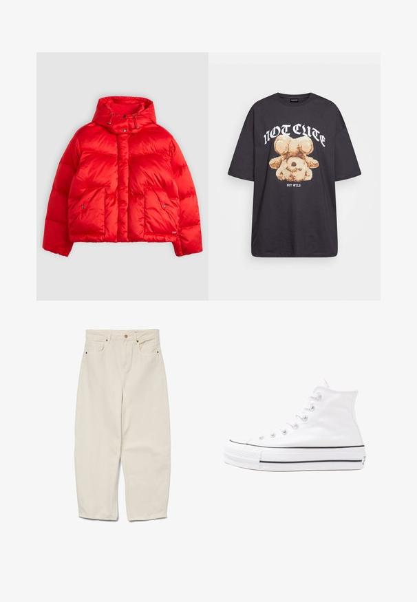 Červená nafukovacia bunda vyrobená z lesklého nylonu. Má vysoký golier s nastaviteľnými šnúrkami, dve predné vrecká a štvorcový strih.; Čierne oversized tričko s grafikou medveďa a textom "NIE ROZTOMILÉ ALE DIVOKÉ" v tučnom bielom písmene. Bavlnený materiál.; Béžové krojované nohavice s vysokým pásom, so širokými nohavicami, dvoma prednými vreckami a jedným gombíkom na zapínanie. Hladká textura; dĺžka po členky.; Biele vysoké plátené tenisky s čiernou gumovou podošvou, prednou gumovou špičkou a šiestimi okami na šnúrky, s čistým, minimalistickým dizajnom.