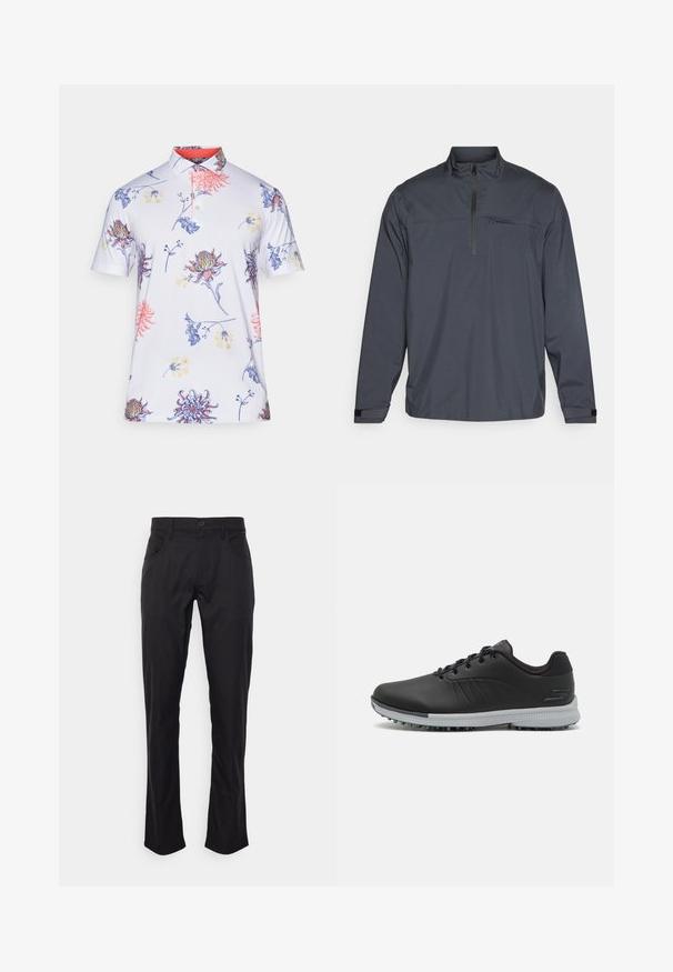 Casaco pullover cinza escuro com zip de um quarto, incluindo um bolso frontal e punhos em velcro, feito de um tecido liso e leve.; Polo de manga curta em branco, com padrões florais multicoloridos. Detalhes incluem um colarinho vermelho e uma pala com dois botões.; Calças pretas com um corte straight, feitas de tecido suave. Apresentam bolsos frontais e fecho com um único botão. Design minimalista.; Sapatos de golfe sintéticos pretos com uma parte superior texturizada, design com atacadores e uma sola cinza com cravos para melhor tração.
