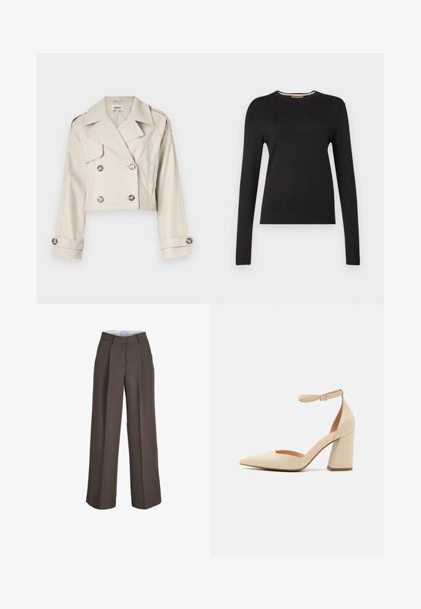Cappotto trench beige tagliato con chiusura a doppio petto, grandi risvolti e polsini arrotolati. Tessuto liscio con una vestibilità su misura.; Maglione nero a maniche lunghe realizzato in un materiale lavorato a maglia liscio. Presenta un collo e polsini a coste, con una silhouette aderente e senza motivi visibili.; Pantaloni a gamba larga in tessuto marrone, con vita alta, pieghe frontali e una texture liscia. Include passanti per cintura per un tocco di dettaglio in più.; Décolleté in vernice beige con punta affusolata, cinturino alla caviglia e tacco chunky. Texture liscia con dettagli di cucitura minimi.