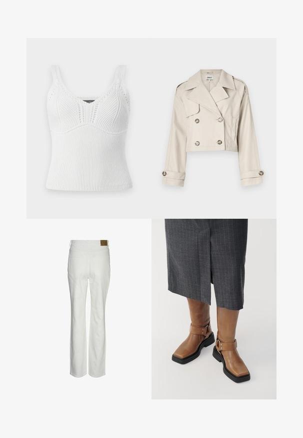 Cropped beige trench coat with double-breasted button closure, large lapels, and rolled cuffs. Smooth fabric with a tailored fit.; White ribbed knit tank top with thick straps, features a textured pattern and a fitted silhouette, designed for a snug fit.; White high-waisted pants made from cotton blend. Features a straight-leg cut, two back pockets, and a branded brown tag on the waistband.; Brown leather knee-high boots with a square toe, black rubber sole, and adjustable buckle strap detail. Worn with a gray pinstripe skirt.