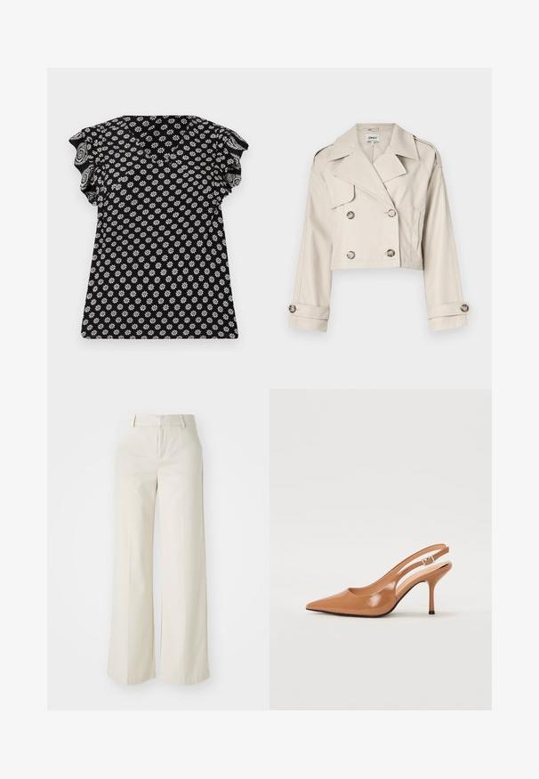Cropped beige trench coat with double-breasted button closure, large lapels, and rolled cuffs. Smooth fabric with a tailored fit.; Black top with floral white pattern, V-neck, ruffled short sleeves, and fitted design, featuring a textured fabric with small flowers.; Wide-leg trousers in a light beige color, made of a smooth fabric. Features a classic waistband and flat front with clean lines.; Pointed toe slingback heel in a smooth, glossy tan material. Features a curved cutout design and a slender stiletto heel. Silver buckle detail.