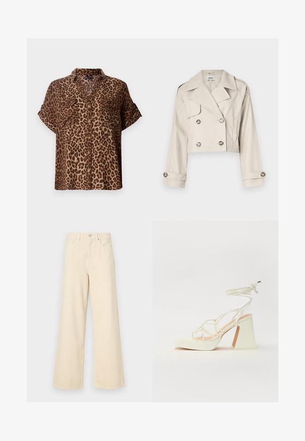 Skraćeni bež trench kaput s dvostrukim prednjim kopčanjem, velikim reverima i pomičnim manžetama. Glatka tkanina s prilagođenim krojem.; Kratki rukavi, košulja s gumbima u leopardskom uzorku, s svijetlosmešnom i crnom shemom boja, s dva džepa na grudima i opuštenim krojem.; Bež traperice širokih nogavica napravljene od pamuka. Imaju zatvaranje na dugme, petlje za remen i prednje džepove s glatkom, mekanom teksturom.; Bijela sandala na visokoj potpetici s debelim petom, s remenom i vezanjem oko gležnja. Glatka tekstura s platformom sprijeda za dodatnu visinu.