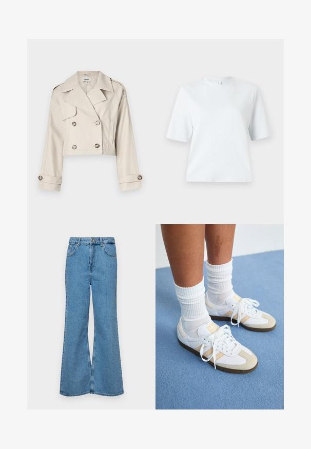 Trench coat bej scurt, cu închidere cu nasturi gemeni, revere mari și mansete răsucite. Material neted cu un croi ajustat.; Tricou scurt cu mânecă, de culoare bleu deschis, fabricat din bumbac moale. Are un decolteu clasic rotund și o croială lejeră, fără modele sau accente.; Jeanși evazați de culoare albastru deschis, din denim, cu talie înaltă, cinci buzunare și închidere cu un singur buton. Textură moale cu un finisaj decolorat.; Adidași Samba albi și bej, cu vârful rotund, cu șireturi și tălpi texturate de culoare maronie, asociați cu șosete albe cu model cu până.