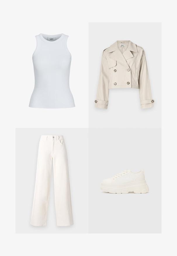 Izgriezts beidž kokvilnas trenci ar dubultās pogas aizdari, lieliem atlociem un rullētiem piedurknēm. Gluda auduma ar pielāgotu piegriezumu.; Balts ribots topiņš ar apaļu kakla izgriezumu un bez piedurknēm. Iezīmē platu piegriezumu un mīkstu tekstūru, kas ir piemērota slāņošanai.; Platleņķa džinsi no baltiem denima, ar priekšējo pogu aizdari, divām sānu kabatām un tīrām līnijām bez dekoratīviem elementiem.; Baltas kavu tenisa apavi ar masīvu zoli, apaļu purngalu un piecām acīm auklām. Aizmugures cilpa vieglai uzvilkšanai. Gluda tekstūra, minimāls dizains.