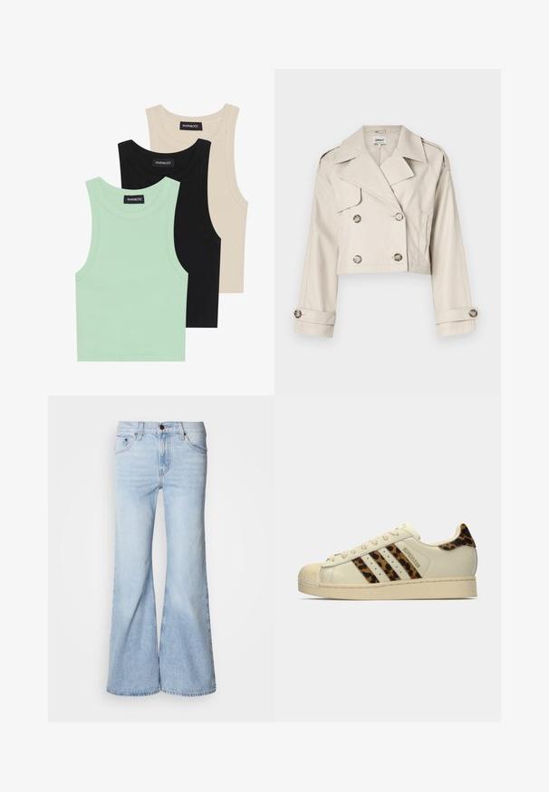 Beige Trenchcoat, gekürzt, mit doppeltknopfigem Verschluss, großen Revers und umgeschlagenen Ärmeln. Glatter Stoff mit taillierter Passform.; Drei Tanktops in Mintgrün, Schwarz und Beige; aus geripptem Stoff mit Rundhalsausschnitt und ohne Ärmel. Markenlabel sichtbar.; Hellblaue Jeans mit ausgestelltem Bein, hoher Taille, Denim-Stoff, fünf Taschen und Knopfverschluss. Die Beine sind weit geschnitten und haben ein leicht ausgewaschenes Finish.; Off-white Adidas Superstar Sneaker mit Leopardenmuster-Streifen und Fersenklappe, beiger Gummischalenzehen und "SUPERSTAR"-Text an der Seite.