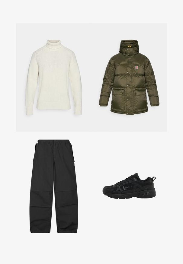 Olive green quilted winter jacket with hood, snap buttons, two front flap pockets, and small red and white logo on the chest.; Cream-colored sweater with a high neck, ribbed cuffs, and a textured knit pattern. Features a relaxed fit and seamless design.; Black cotton trousers with an elastic waistband, two side pockets, and a relaxed fit. Features seams and a minimalistic design.; Black athletic shoe featuring a mesh and synthetic upper, textured accents, round toe, and a cushioned sole with a pull tab at the heel.