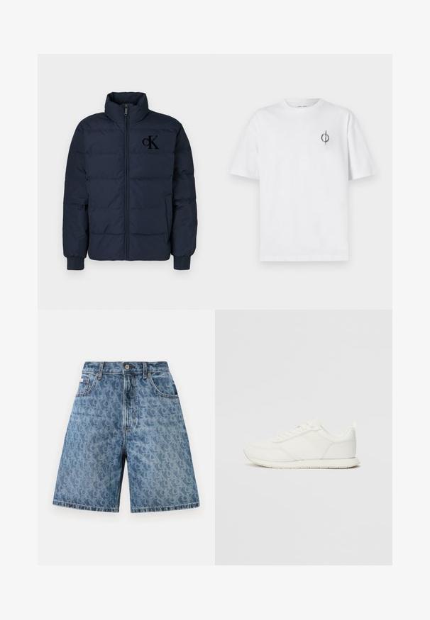 Tmavě modrá péřová bunda s vysokým límcem, předním zipem a elastickými manžetami; na hrudi je decentně vyšitá logo CK.; Bílý bavlněný tričko s volným střihem, které má malé černé grafické logo na levé straně hrudi. Krátké rukávy, kulatý výstřih.; Džínové šortky ve světlé modré barvě s jemným leopardím vzorem, s klasickým pasem, poutky na opasek a předními kapsami.; Bílé tenisky s vrchní částí z síťoviny a syntetického materiálu, kulatou špičkou, plochými tkaničkami a texturovaným bočním pruhem. Gumová podrážka s poutkem vzadu.