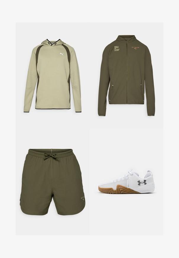 Olivově zelená sportovní bunda s vysokým límcem, plným předním zipem, postranními kapsami a potištěnými logy v bílé a oranžové barvě. Vyrobena z lehkého materiálu.; Světle zelená mikina s kapucí a klokánkovou kapsou, černé detaily po stranách a na lemu, a bílé logo na hrudi. Měkký, texturovaný materiál.; Olivově zelené sportovní šortky vyrobené z lehkého materiálu, se skládacím pasem a šňůrkou, a s malým logem na boku.; Bílé sportovní boty svršek z prodyšné síťoviny, gumová podrážka v barvě gumy, texturované detaily a černé logo na boku.