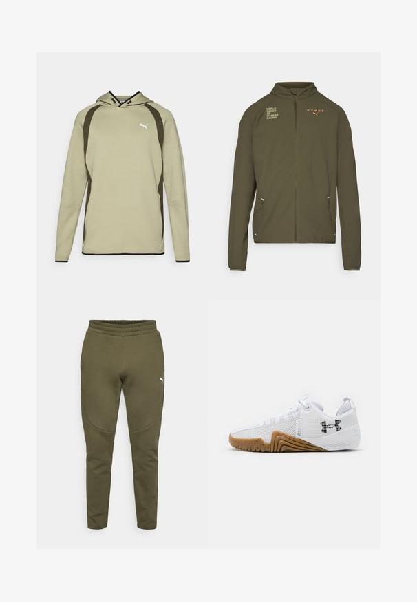 Giacca sportiva verde oliva con alto collo, zip frontale completa, tasche laterali e loghi stampati in bianco e arancione. Realizzata in materiale leggero.; Felpa verde chiaro con tasca a marsupio, dettagli neri lungo i lati e l'orlo, e logo bianco sul petto. Materiale morbido e testurizzato.; Pantaloni sportivi verde oliva con vestibilità affusolata, vita elastica e un piccolo logo bianco sul lato sinistro. Tessuto morbido con una texture liscia.; Scarpe atletiche bianche con una tomaia in rete, suola in gomma di colore gomma, dettagli testurizzati e un logo nero sul lato.