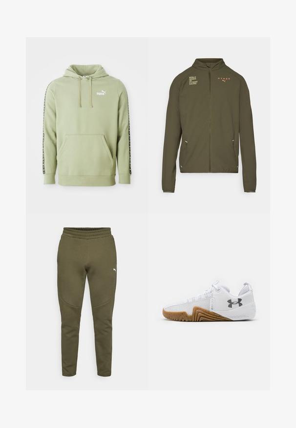 Olijfgroene sportjack met hoge kraag, volledige ritssluiting, zijzakken en bedrukte logo's in wit en oranje. Gemaakt van lichtgewicht materiaal.; Lichtgroene Puma hoodie met een voorzak, logo op de borst, trekkoord kap, en een merkstreepaccent langs de mouwen.; Olijfgroene sweatpants met een taps toelopende pasvorm, elastische tailleband en een klein wit logo aan de linkerkant. Zachte stof met een gladde textuur.; Witte sportschoenen met een bovenwerk van mesh, rubberen buitenzool in een gomkleur, textuuraccenten en een zwart logo op de zijkant.