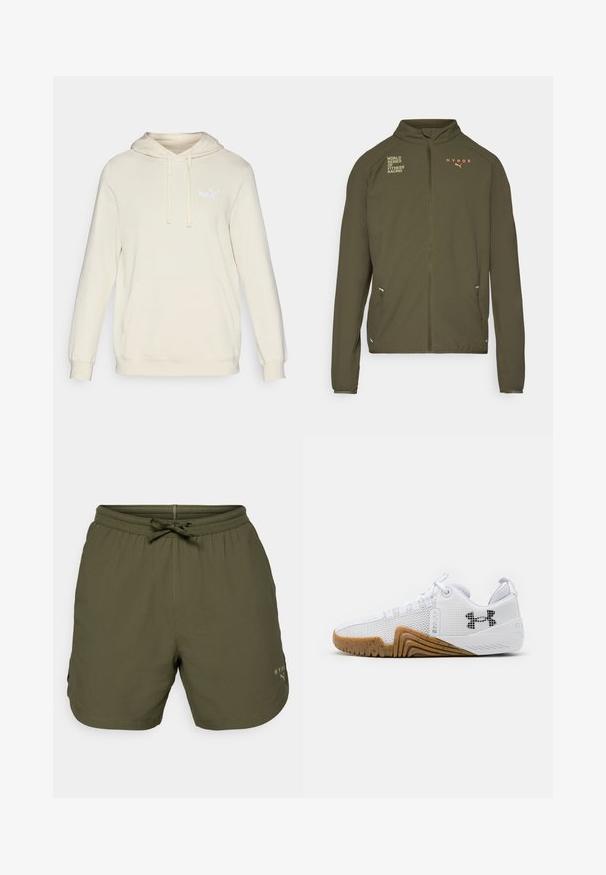 Olivově zelená sportovní bunda s vysokým límcem, plným předním zipem, postranními kapsami a potištěnými logy v bílé a oranžové barvě. Vyrobena z lehkého materiálu.; Krémová mikina s kapucí, dlouhými rukávy, nastavovací šňůrkou a přední klokaní kapsou. Obsahuje decentní bílé logo Puma na hrudi.; Olivově zelené tričko s krátkým rukávem, vyrobené z hladkého materiálu, má kulatý výstřih a bílou logo na levé straně hrudi.; Olivově zelené sportovní šortky vyrobené z lehkého materiálu, se skládacím pasem a šňůrkou, a s malým logem na boku.; Bílé sportovní boty svršek z prodyšné síťoviny, gumová podrážka v barvě gumy, texturované detaily a černé logo na boku.