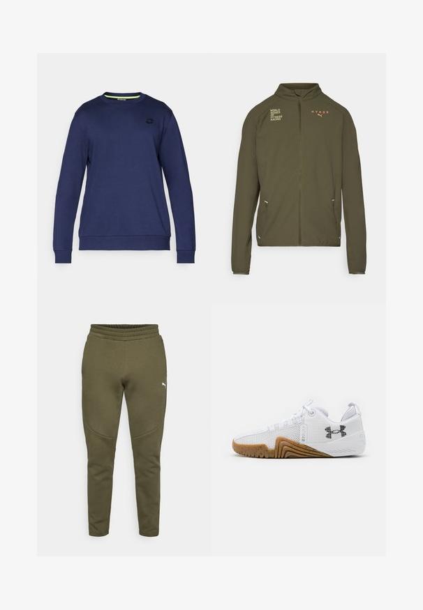 Olive green athletic jacket with high collar, full front zipper, side pockets, and printed logos in white and orange. Made of lightweight material.; Navy blue sweatshirt made of soft fabric, featuring a round neckline, long sleeves, ribbed cuffs, and a subtle logo on the chest.; Olive green sweatpants with a tapered fit, elastic waistband, and a small white logo on the left side. Soft fabric with a smooth texture.; White athletic shoes featuring a mesh upper, rubber outsole with a gum color, textured accents, and a black logo on the side.