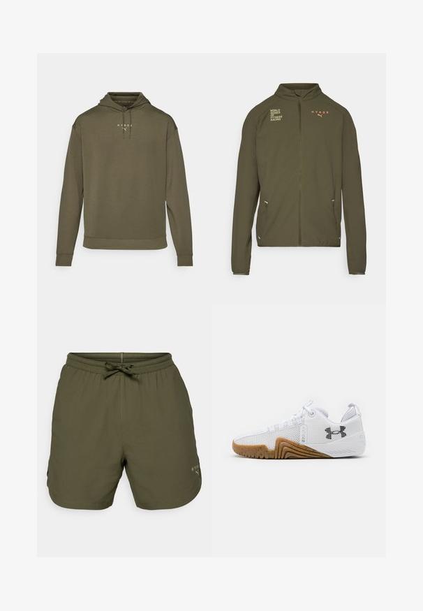 Olivovozelená športová bunda s vysokým golierom, plným predným zipsom, bočnými vreckami a potlačenými logami v bielej a oranžovej farbe. Vyrobená z ľahkého materiálu.; Olivovo zelená mikina s kapucňou na šnúrky, dlhými rukávmi a voľným strihom. Obsahuje bielu logo na hrudi a pohodlné manžety.; Olivovo zelené športové šortky vyrobené z ľahkého materiálu, s elastickým pásom a šnúrkou na stiahnutie, s malým logom na boku.; Biele atletické topánky s priedušným zvrškom, gumenou podrážkou v gumovej farbe, textúrovanými akcentmi a čiernym logom na boku.