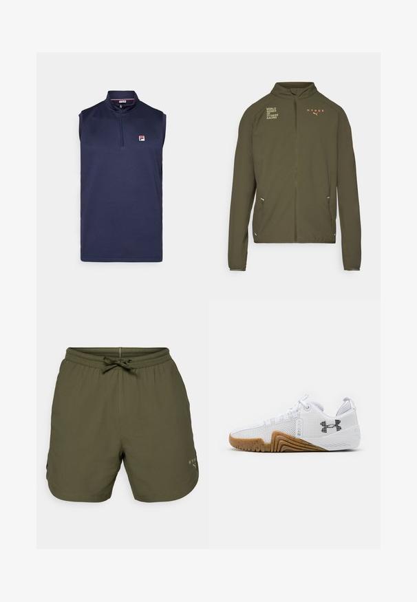 Olíva zöld sportdzseki magas gallérral, teljes elülső cipzárral, oldalsó zsebekkel és fehér, valamint narancssárga nyomott logókkal. Könnyű anyagból készült.; Tengerészkék, ujjatlan póló cipzáras gallérral, texturált anyagból készült, a bal mellen kis piros-fehér logóval.; Olíva zöld sportnadrág könnyű anyagból, rugalmas derékkal és zsinórral, oldalt pedig egy apró logó részlet található.; Fehér sportcipők hálós felsőrésszel, gumis talppal, kialakított részletekkel és fekete logóval az oldalon.