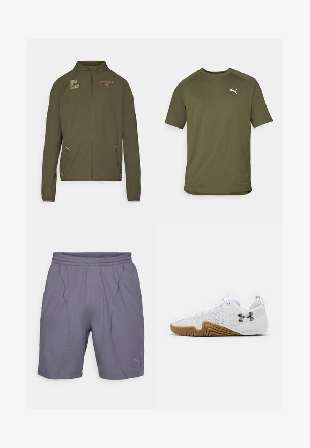 Oliivinvihreä urheilu takki, jossa on korkea kaulus, täysipituinen vetoketju, sivutaskut ja painetut logot valkoisena ja oranssina. Valmistettu kevyestä materiaalista.; Oliivinvihreä lyhythihainen t-paita, valmistettu sileästä kankaasta, jossa on pyöreä pääntie ja valkoinen logo vasemmalla rintapuolella.; Harmaat urheilushortsit, joissa on joustava vyötärö, saumoja ja pieni logo vasemmassa alakulmassa. Valmistettu kevyestä kankaasta.; Valkoiset urheilukengät, joissa on verkkopinta, kumipohja gumminvärisenä, tekstiiliset yksityiskohdat ja musta logo sivussa.